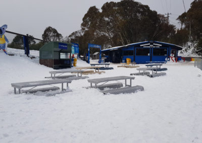 Tables covered in snow at Mt Buller
